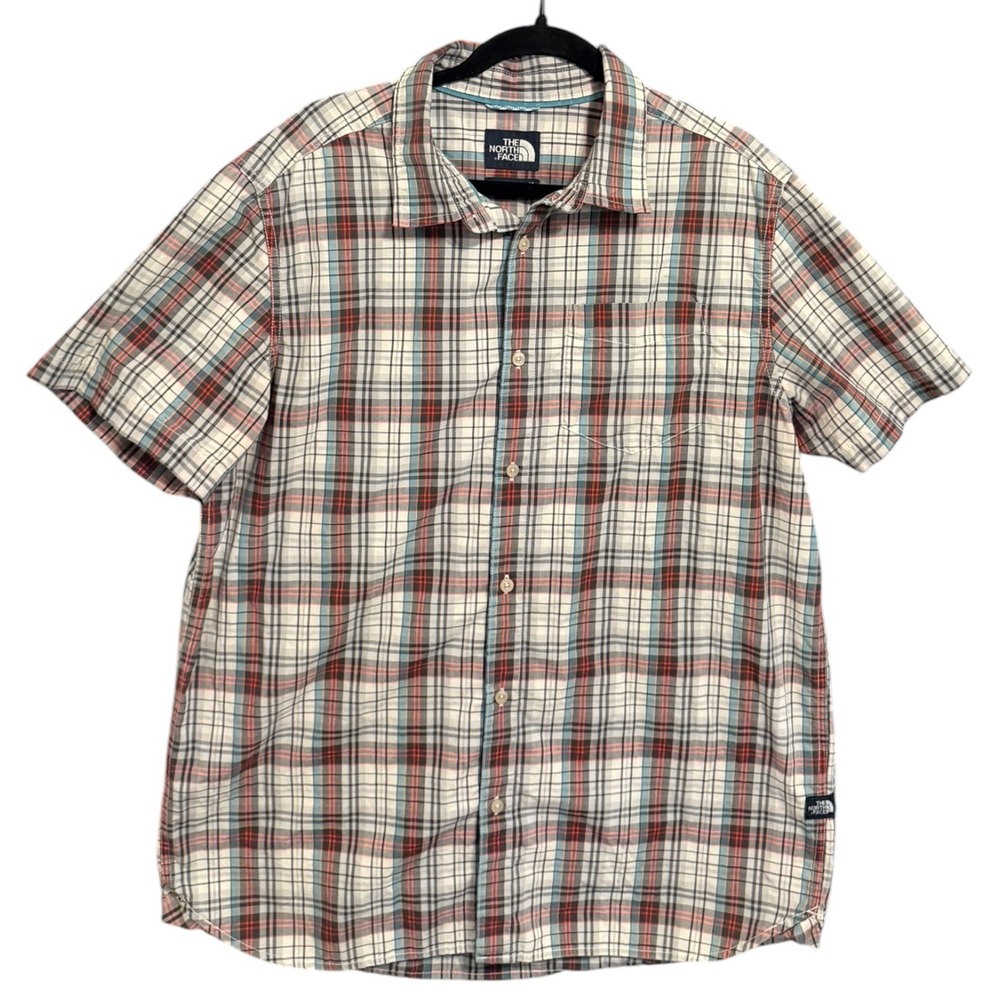 The North Face Mens XL Plaid Short Sleeve Button Down Shirt Red Blue Grey